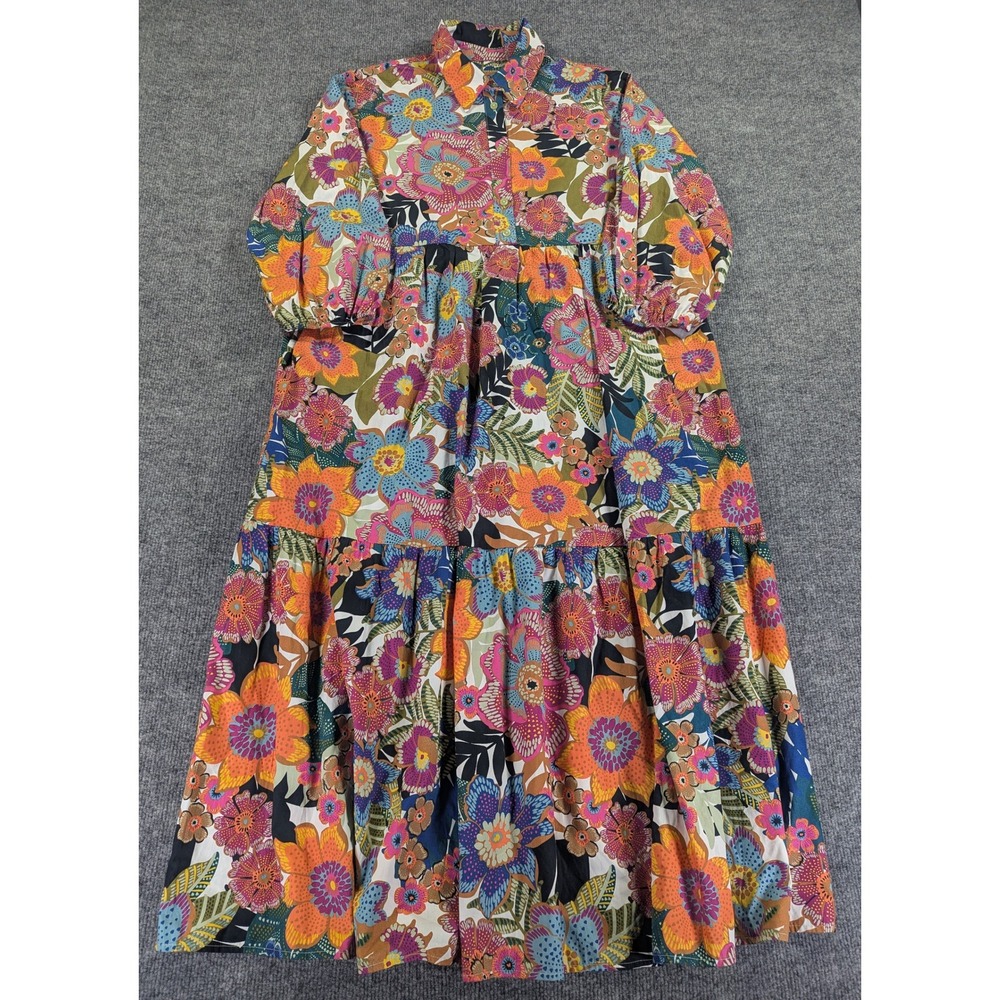 Maeve Anthropologie Floral Tiered Maxi Shirt Dress Orange Motif Cotton NWT M
